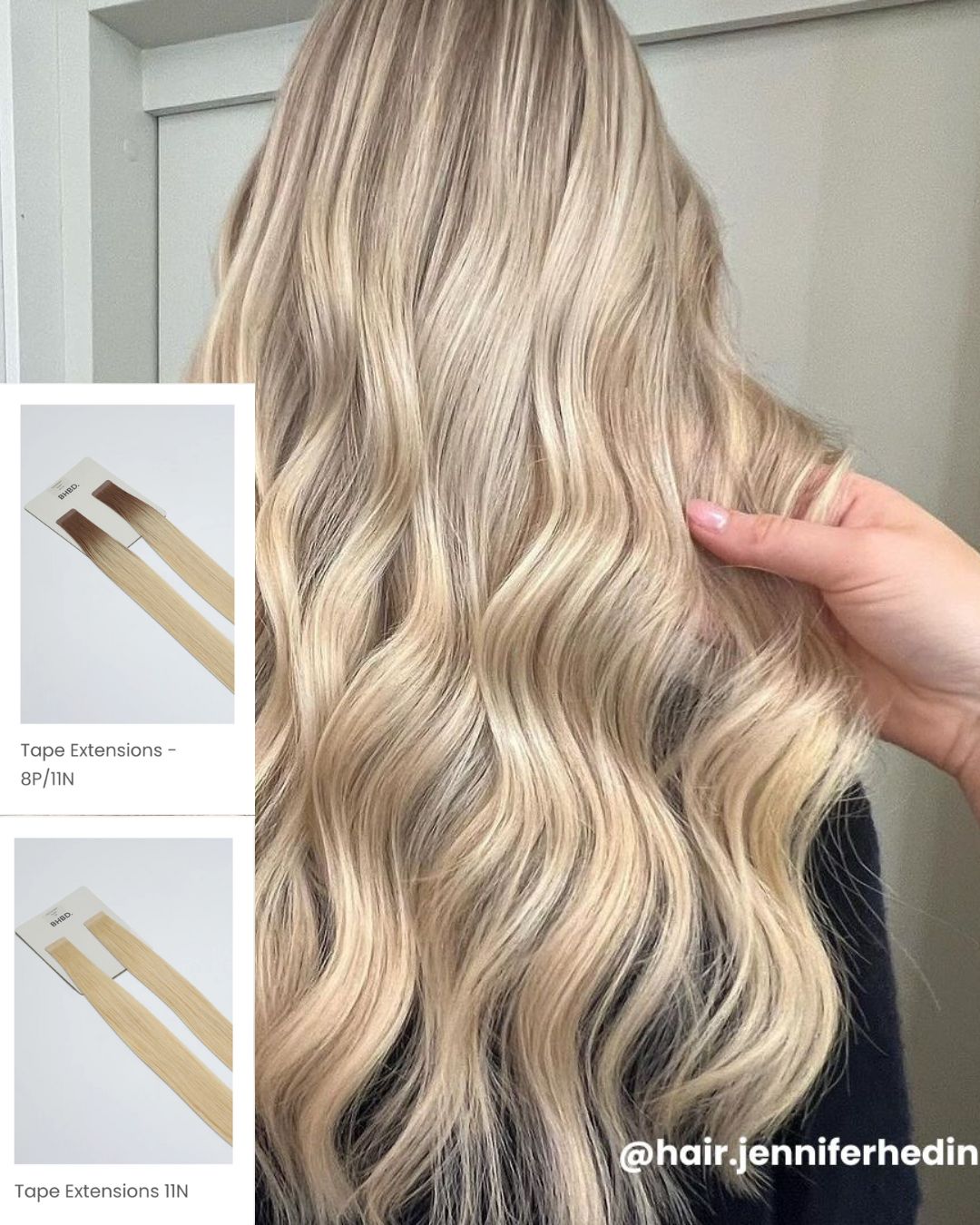 Blond hair created with BHBD hair extensions. Tape extensions: 8P/11N and 11N.