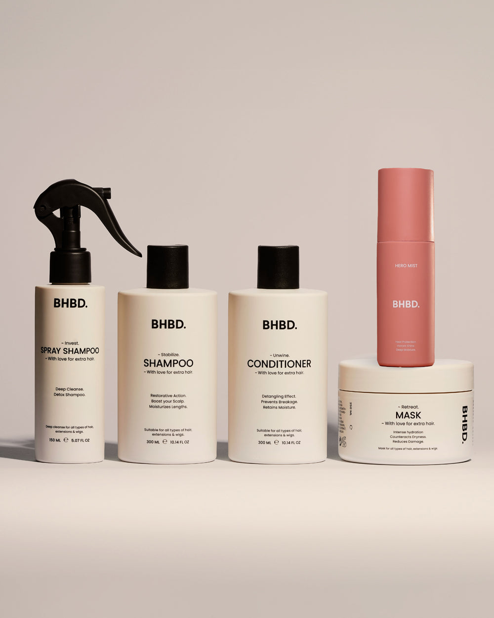 A bundle of BHBD premium hair care products. BHBD Spray Shampoo BHBD Shampoo BHBD Conditioner BHBD Hair Mask BHBD Hero Mist