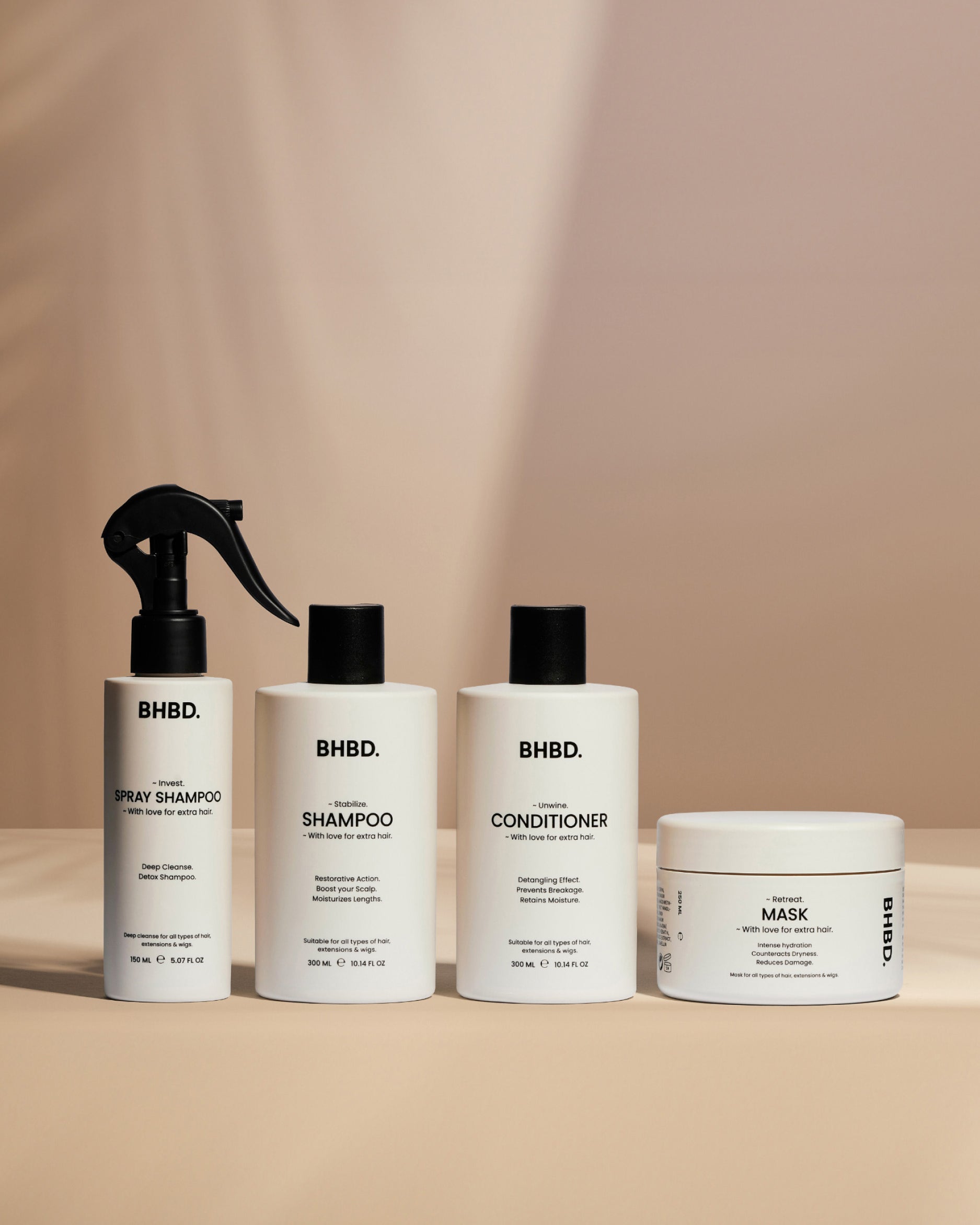 BHBD Hair Care: Spray shampoo, shampoo, conditioner and hair mask.