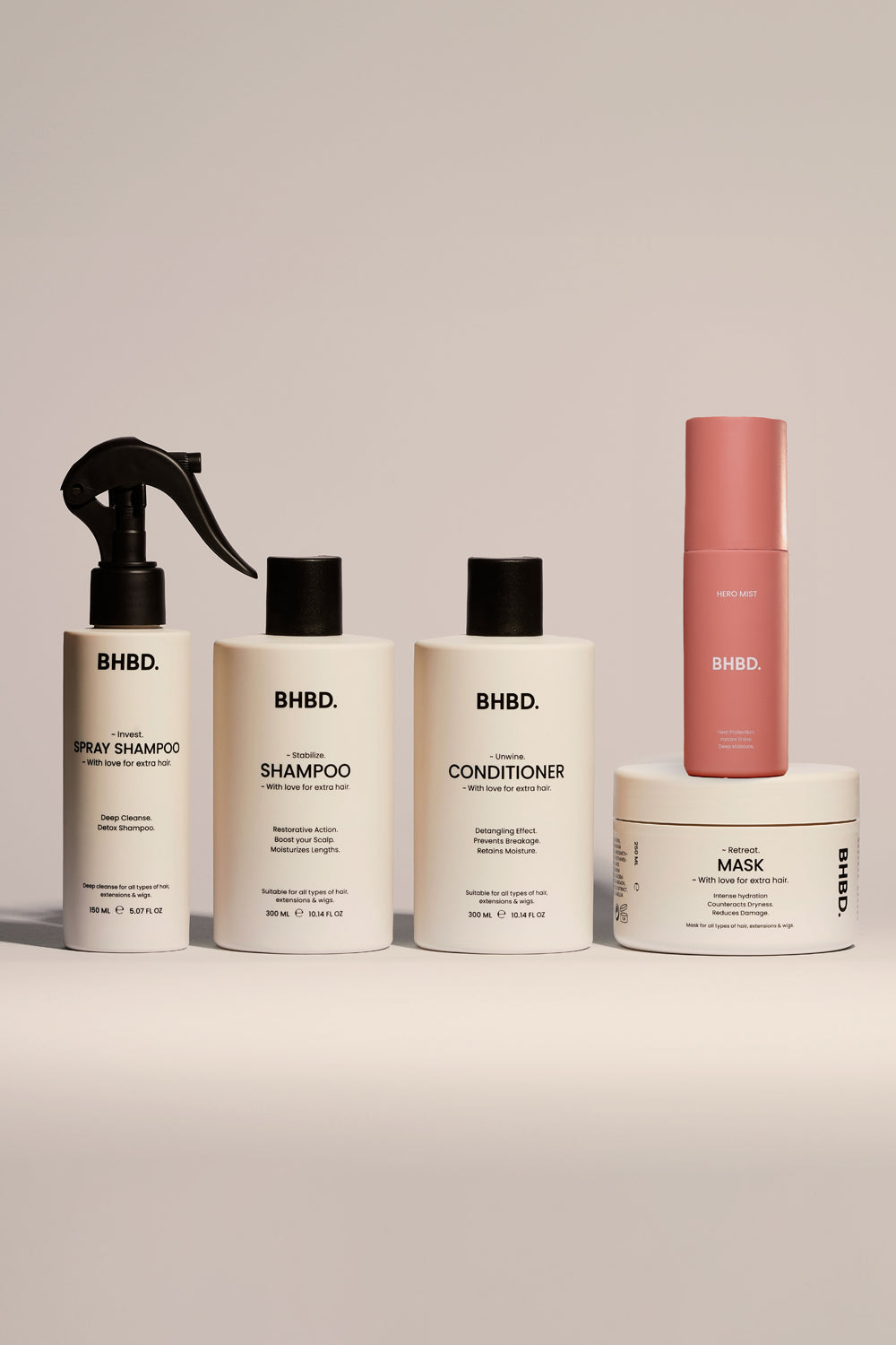 A bundle of BHBD premium hair care products. BHBD Spray Shampoo BHBD Shampoo BHBD Conditioner BHBD Hair Mask BHBD Hero Mist